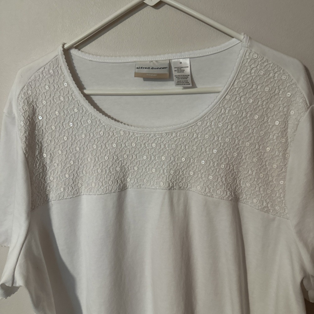 alfred dunner 3x top White Short Sleeve Sequin Upper Yoke Rounded Crew Neckline